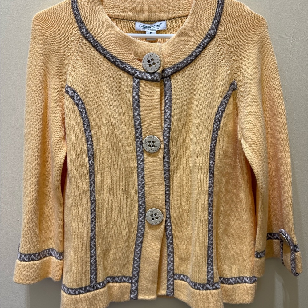 Coldwater Creek Women's Mustard Cardigan with Gray Trim